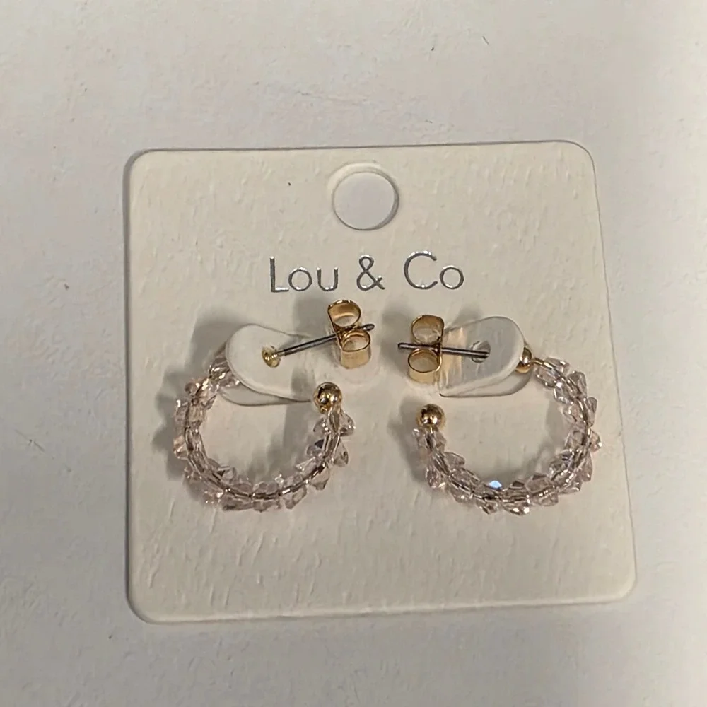 Lou & Co Pink Beaded Hoop Earrings Gold Tone Crystal C-Hoops E-1505 NEW